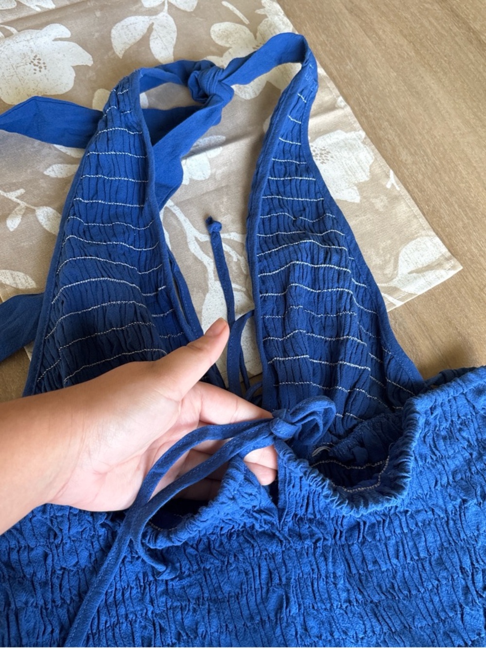 Blue Smocked Halter Ruffle Tank Top - Picture 4 of 6